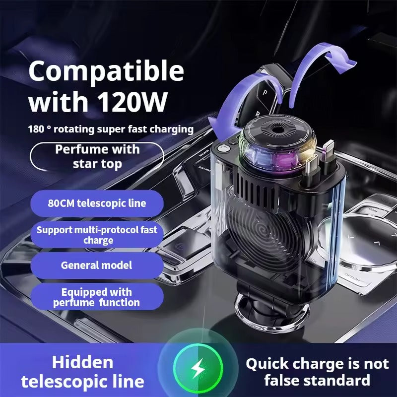TNF™ AuraDash 5 in 1 Car Charger Fast Charging 45W Retractable +Aromatherapy Diffuser+Starry Sky LED Lights Car Air Freshener Car Accessory